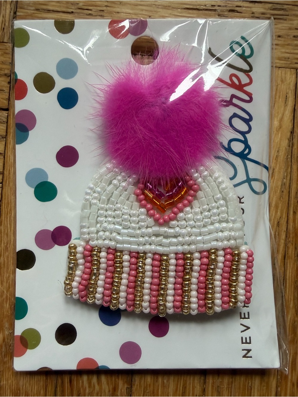 Handcrafted Beaded Appliqué Minature Winter Beanie/Toque with Pom-pom Brooch